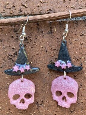 Pink and Black Skull with Witch Hat Earrings